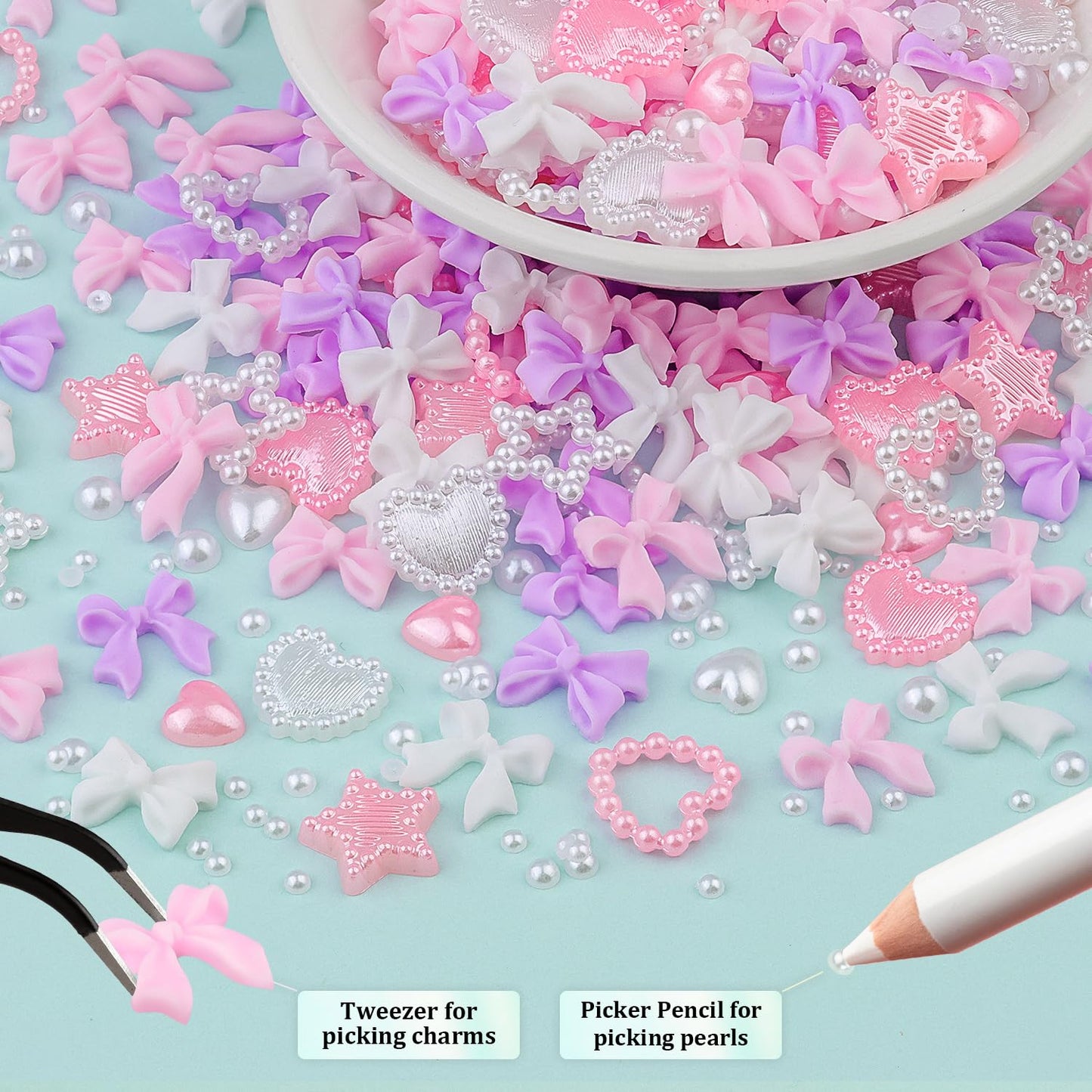 600 Pcs 3D Nail Charms and Flatback Pearls Set 10, Pink&White&Lilac Nail Bows + Pink&White Star Heart Cute Nail Jewels + 2-4mm White Nail Pearls for Nail Art DIY Decoration with Pickup Tools