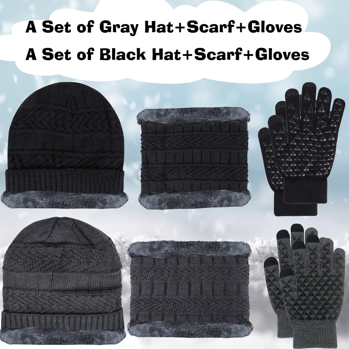 ABUDDER 6 Pieces Winter Beanie Hat Scarf Gloves Set for Men and Women,Knitted Cap Winter Hat Touchscreen Gloves Neck Warmer Set
