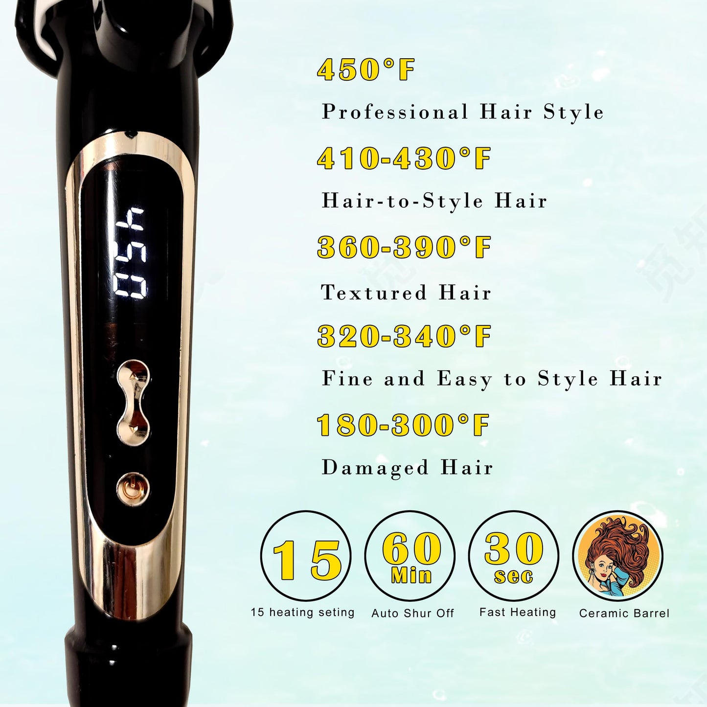 abp 1.25 Inch Curling Iron Extra Long Barrel with Ceramic Coating for Long/Medium Hair,1 1/4 INCH LCD Display Instant Heat up to 450°F with clamp,Hair Style Tool Girls & Women