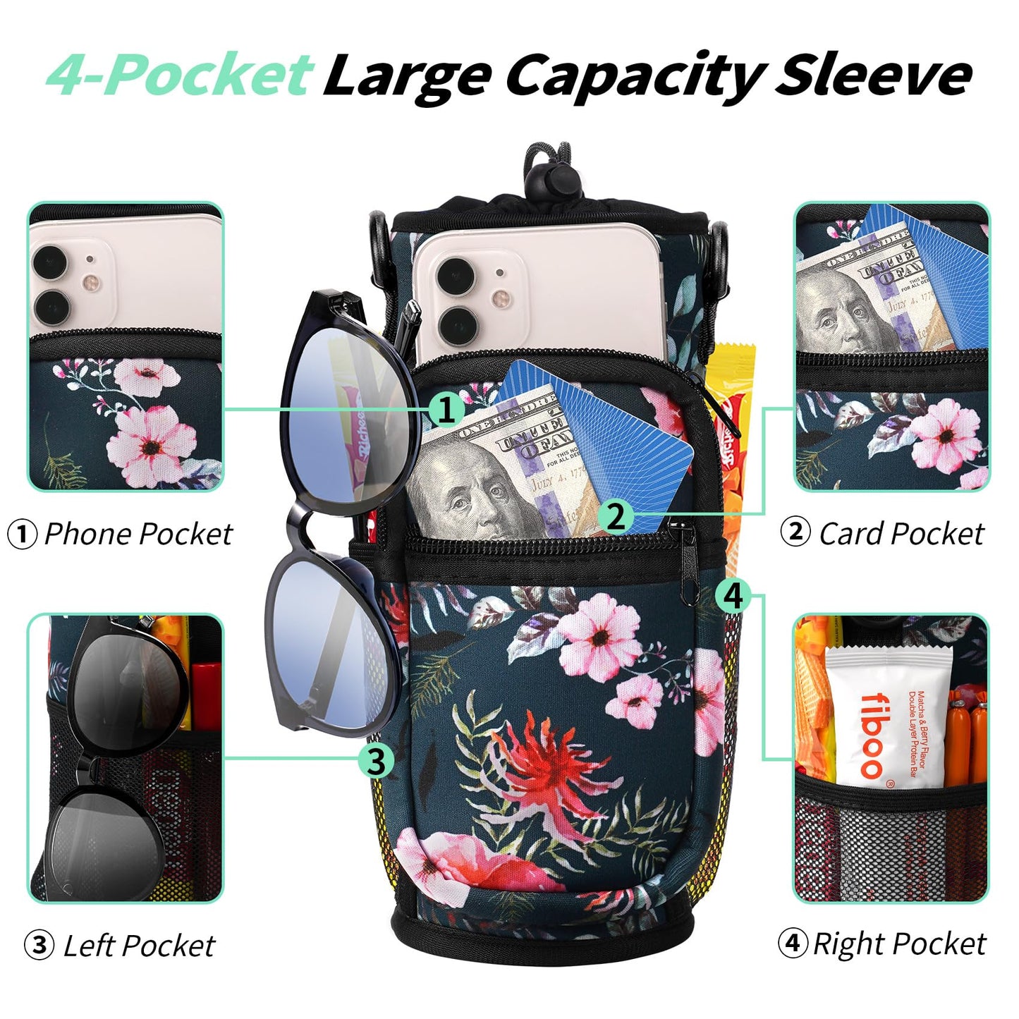 AceTreker 32 oz 40 oz Water Bottle Sleeve, Insulated Sport Water Bottle Holder with Strap & Paracord Handle, Flask Carrier Sling Bag with 4 Pockets for Walking Hiking-Wild Rose