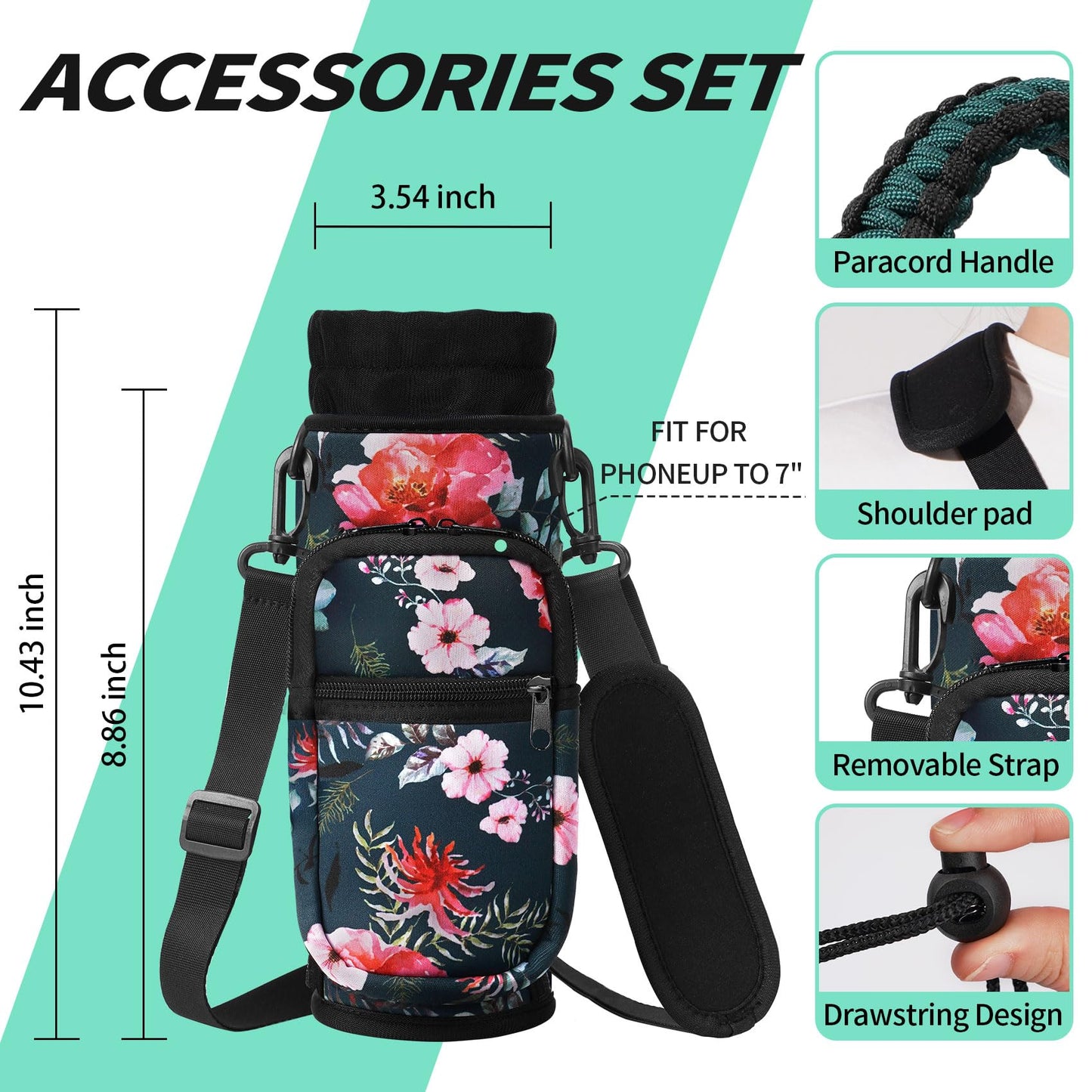 AceTreker 32 oz 40 oz Water Bottle Sleeve, Insulated Sport Water Bottle Holder with Strap & Paracord Handle, Flask Carrier Sling Bag with 4 Pockets for Walking Hiking-Wild Rose