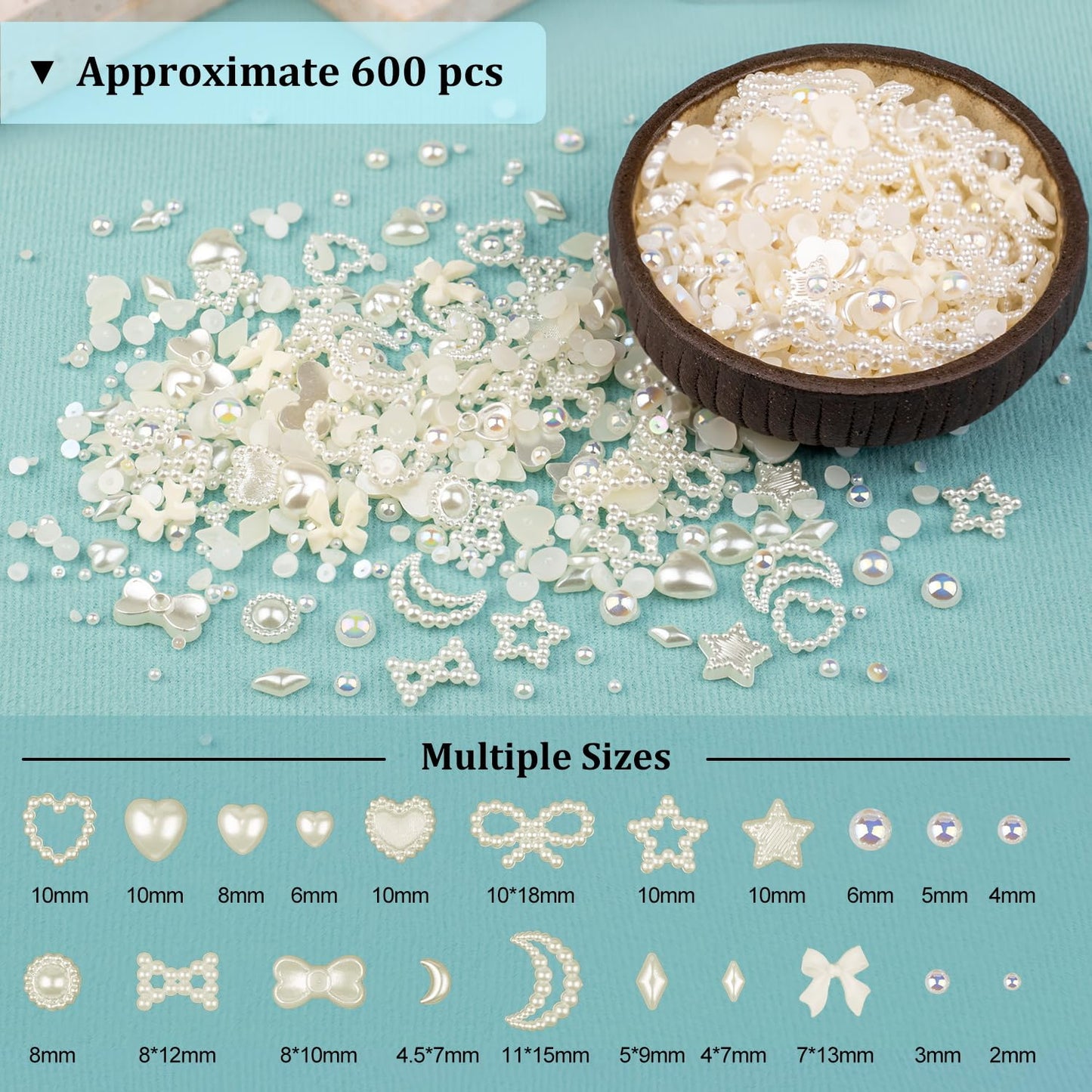 600Pcs 3D Multi Shapes Nail Charms and Flatback Pearls, Beige&Beige AB Mix Styles Heart Star Bow Sunflower Embellishments for Nail Art, Craft and Decoration with Tweezer and Pickup Pencil