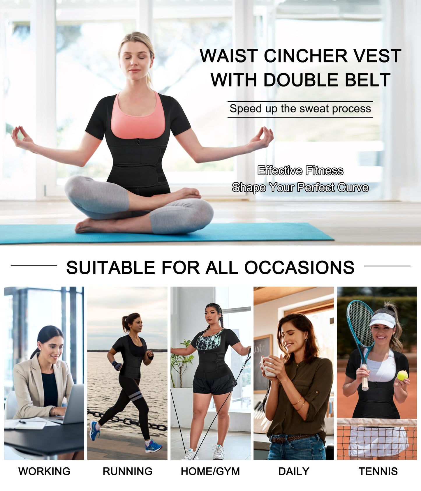 Nebility Womens' Sauna Sweat Vest Weight Loss Workout Waist Trainer (Zipper Short Sleeves, Small)
