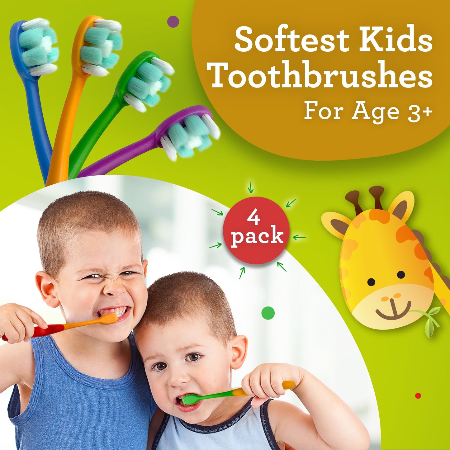 GuruNanda Kids Toothbrush 4 Pack Extra Soft Bristles Age 3+ & Toddler Toothbrush 2 Pack Soft Bristles Age 2+