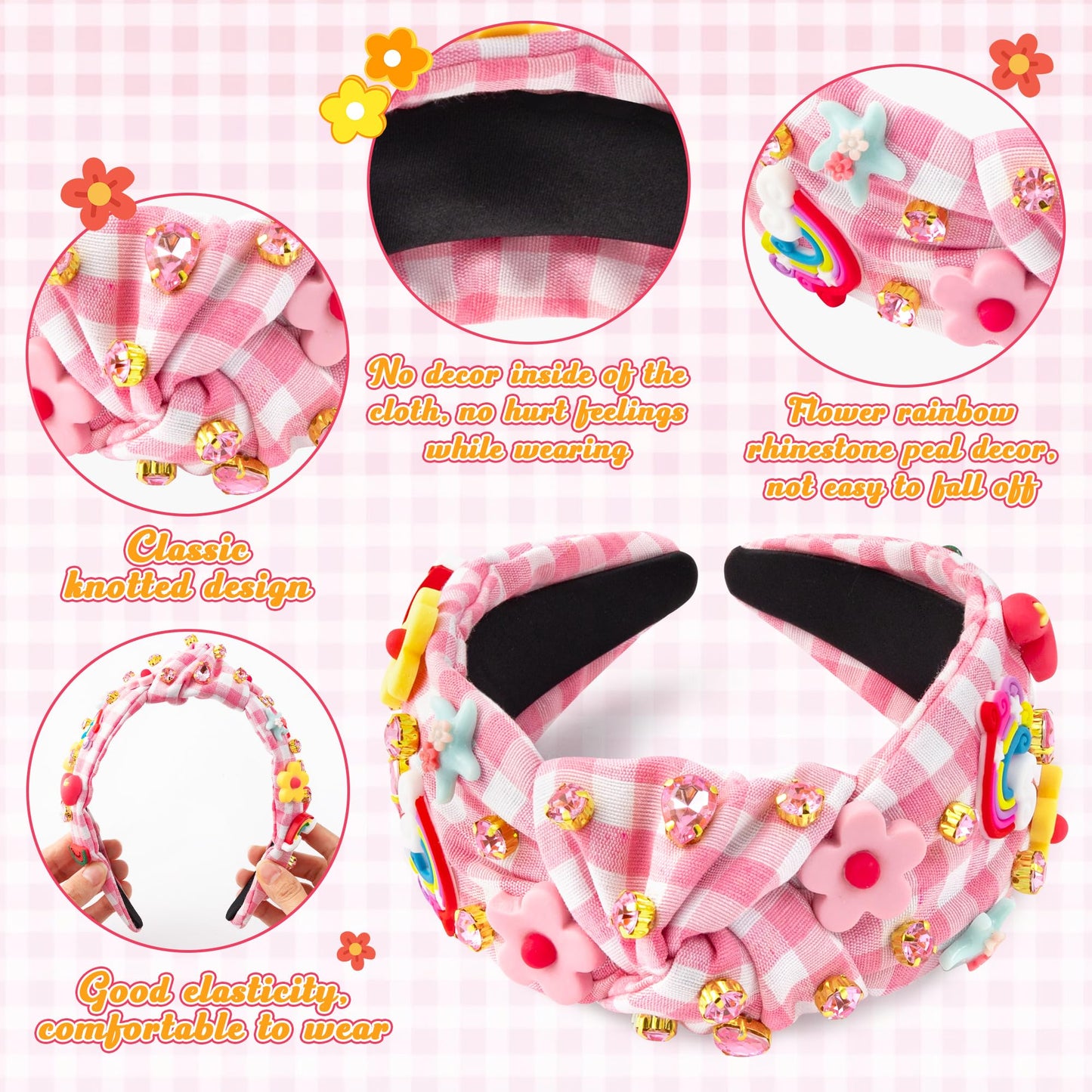 PANTIDE Floral Jeweled Knotted Headband - Rainbow Rhinestone Crystal Embellished Headband Non Slip Wide Top Knot Fashion Hairband Accessories Spring Summer Birthday Gift for Women Girls (Pink Plaid)