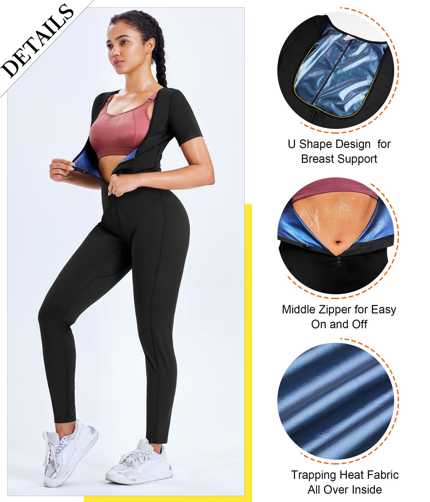 Junlan Sauna Suit for Women Full Body Compression Suit Sweat Jumpsuit Waist Trainer for Working Out(Short-sleeved Black,Small)
