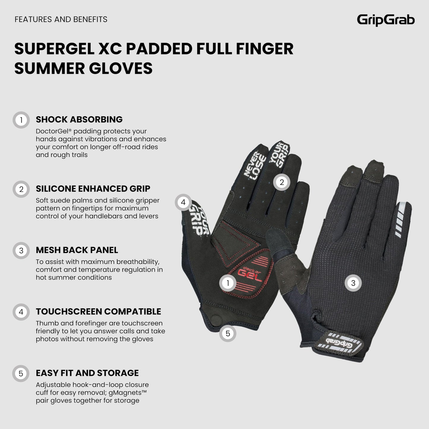 GripGrab SuperGel XC Padded Full Finger Summer Cycling Gloves Cushioned Off-Road MTB Gravel Bike Mountain Biking Gloves