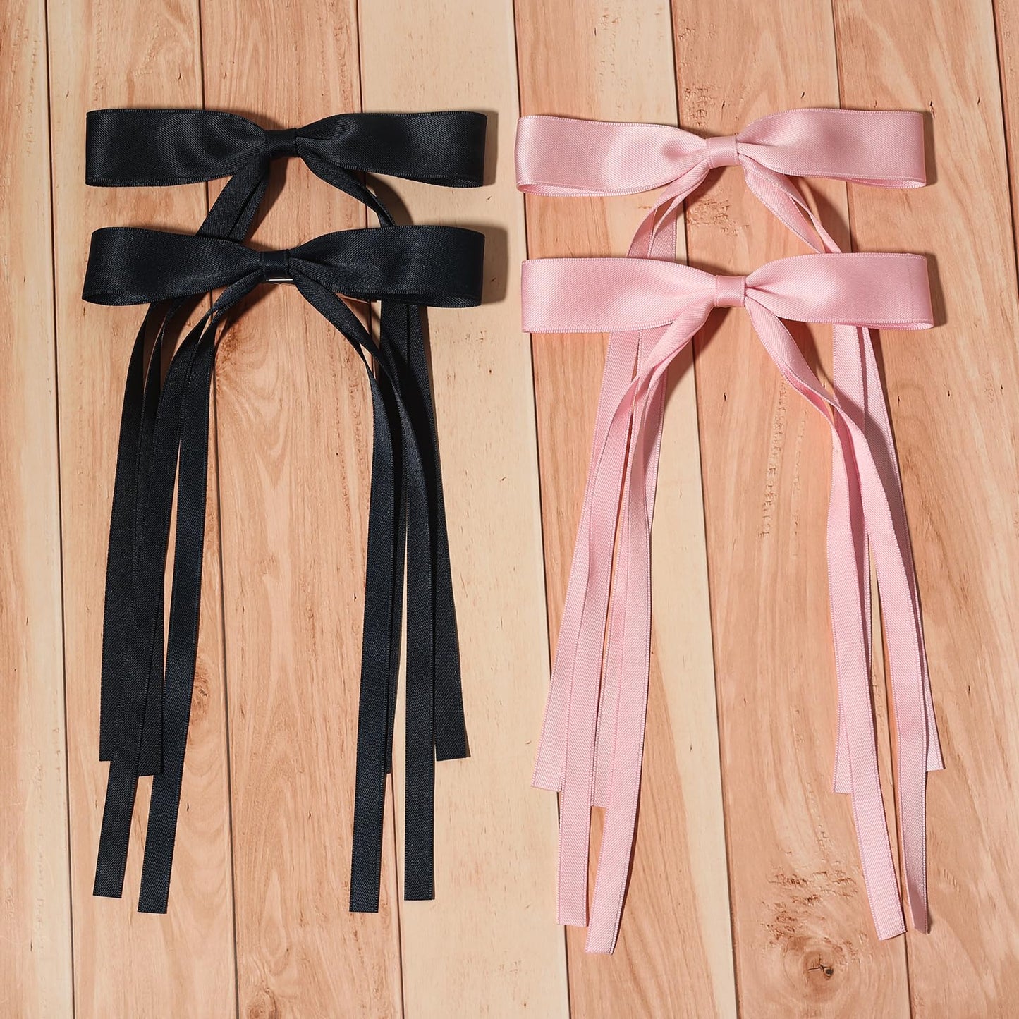 4pcs Tassel Ribbon Bowknot Hair Accessories with Long Tails, Solid Barrettes Claw Clips with Bows for Girls and Women (Navy Pink)