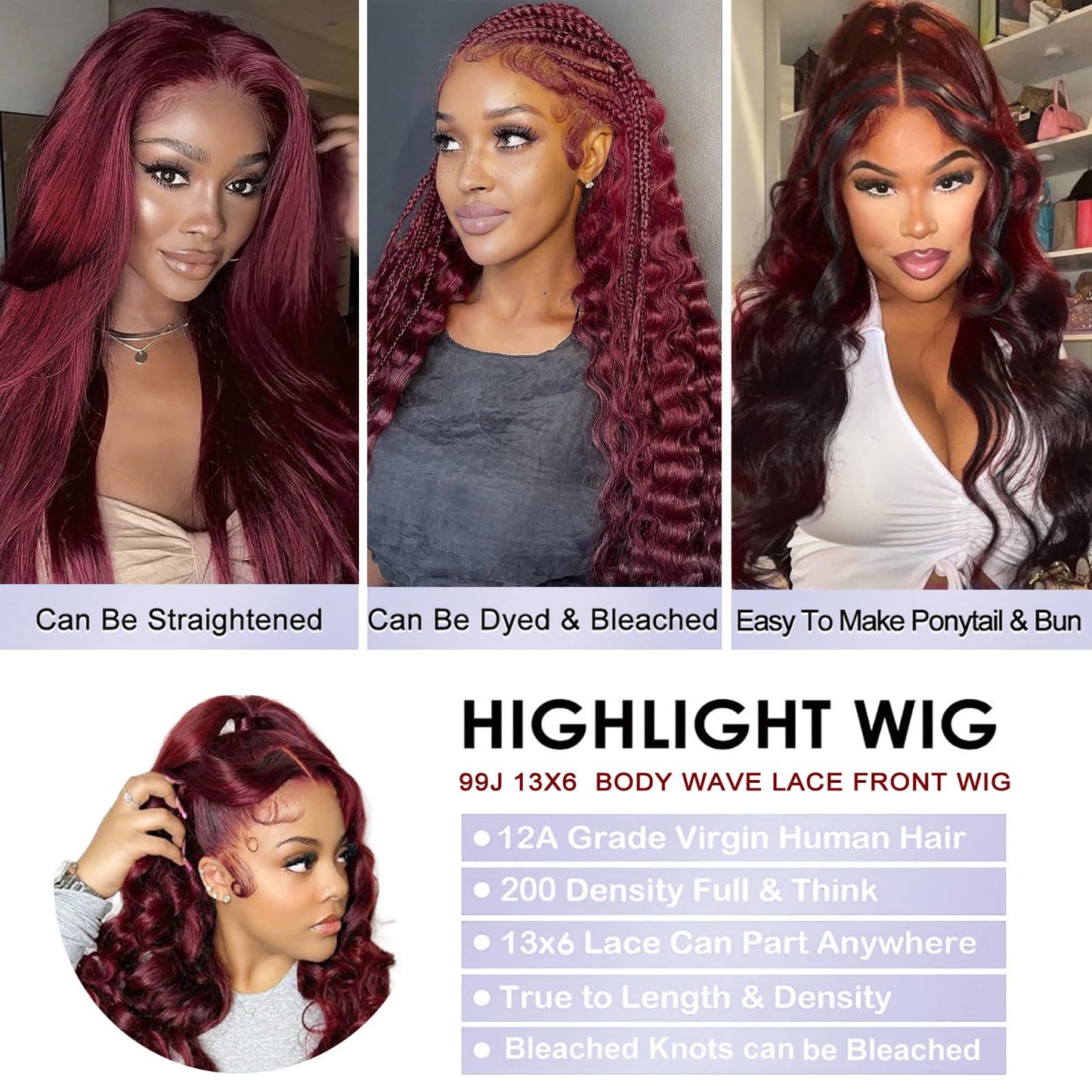 22 Inch 99j Burgundy 13x6 Body Wave Lace Front Wigs Human Hair 200% Density Glueless HD Transparent Lace Frontal Wigs Human Hair Pre Plucked With Baby Hair Burgundy Wine Red Human Hair Wigs For Women