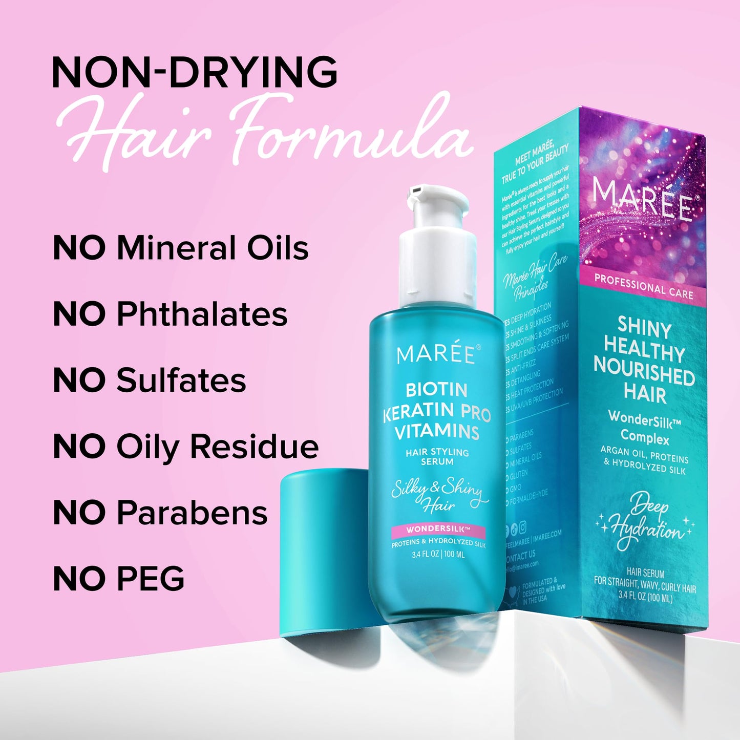 MAREE Hair Oil for Frizzy and Damaged Hair with Vitamins A, E, B5 - Anti Frizz Control Sérum for Curly Women & Men - Aceite de Argán Para el Cabello - Biotin Keratin Antifrizz Products 3.4 fl oz
