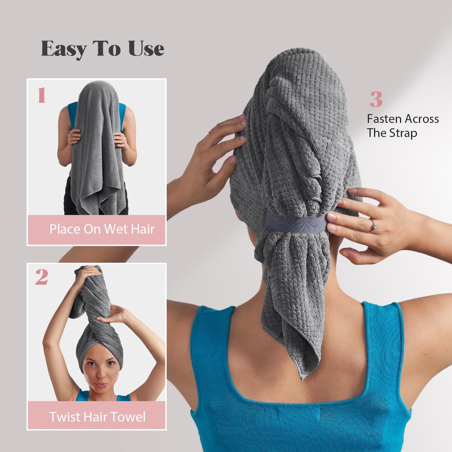 MABAO Microfiber Hair Towel Wrap for Women, Quick Dry Hair Turban Towel with Elastic Band, Microfiber Plopping Towel for Curly Hair, Stocking Stuffers for Women(Gray)