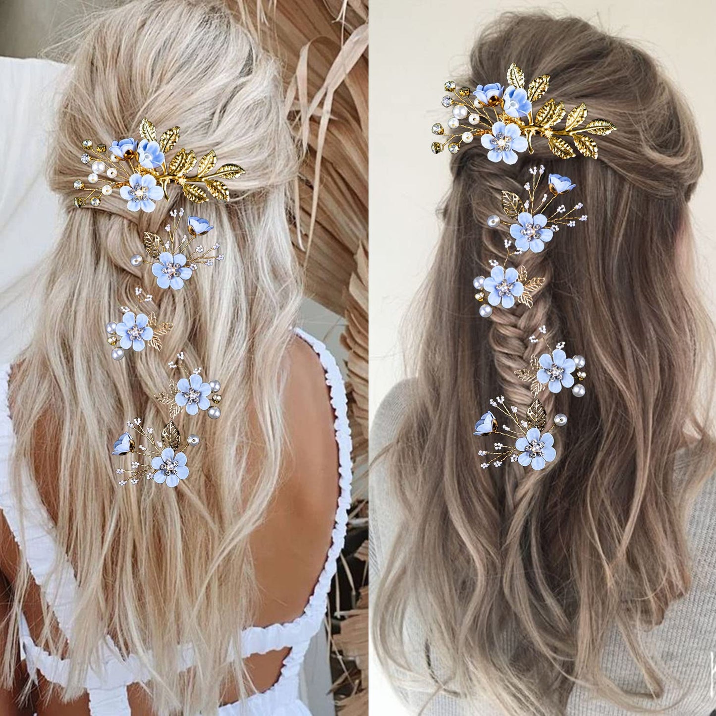5 PCS Bridal Flower Wedding Hair Pins Crystal Pearl Hair Clips Headpiece Gold Wedding Hair Accessories Jewelry with Rhinestone for Brides Bridesmaids Women Girls Updo, Special Cream Blue
