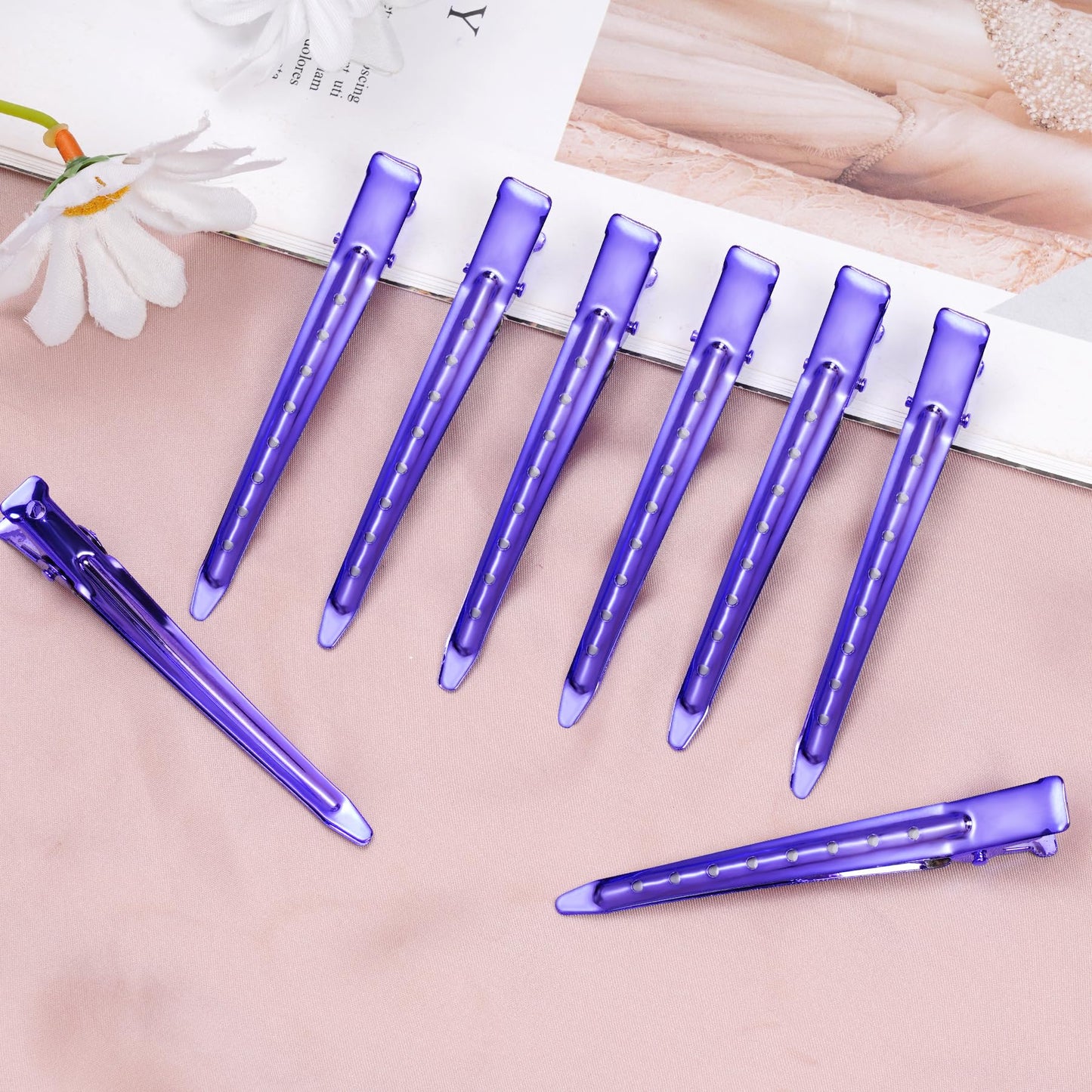 24 Packs Duck Bill Clips, Bantoye 3.35 Inches Rustproof Metal Alligator Curl Clips with Holes for Hair Styling, Hair Coloring, Bright Purple