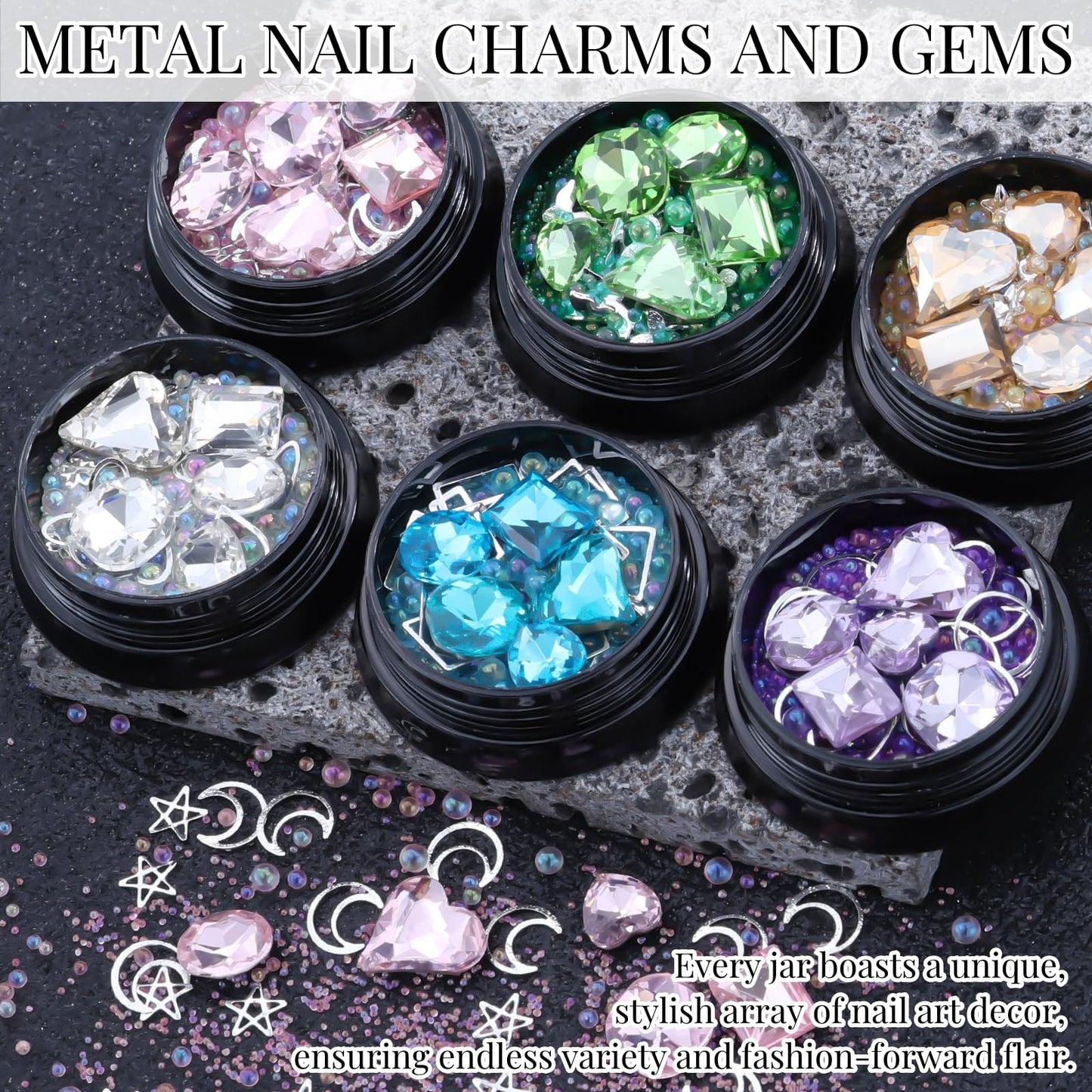 6 Wheels Mixed Sparkle Nail Art Rhinestones Diamonds Crystals Butterfly Beads Artificial Pearls Gold Silver Nail Studs Gems Metal Hollow Rivets Charms (Kit-2)
