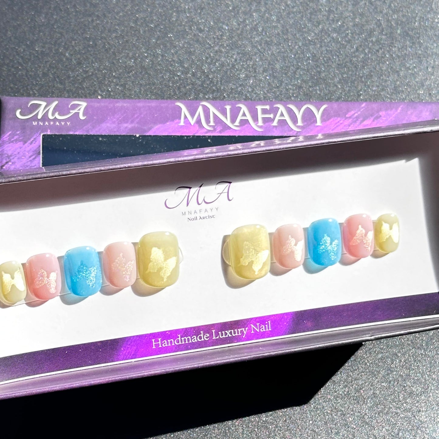 MNAFAYY 100% Handmade Nails Butterfly Color Press On Nails Short Full Cover Luxury Gorgeous Reusable UV Finished Fake False Nails Handpainted Acrylic Nail Kit With Box Gifts Women Mother's Day S