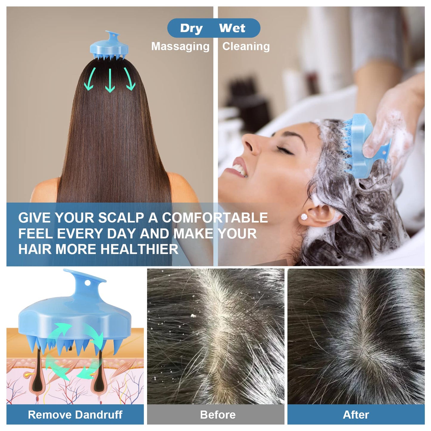 URTHEONE Hair Scalp Massager Shampoo Brush,Soft Silicone Hair Brush for Wet Dry Oily Curly Straight Thick Thin Rough Long Short Natural Men Women Kids Pets Hair Care Tools(Sky Blue)