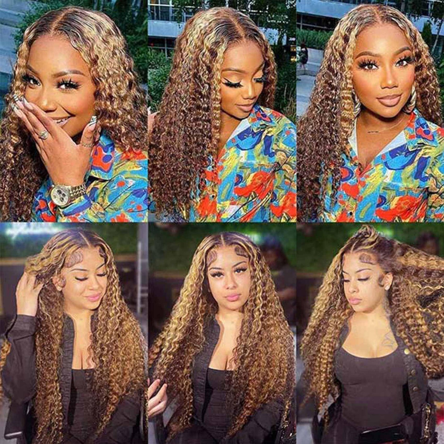 26inch Ombre Highlight Lace Front Wigs Human Hair Water Wave 13x4 Transparent Curly Lace Frontal Wigs Pre Plucked with Baby Hair Wet and Wavy Curly Wigs for Women 150% Density 4/27 Honey Blonde Color