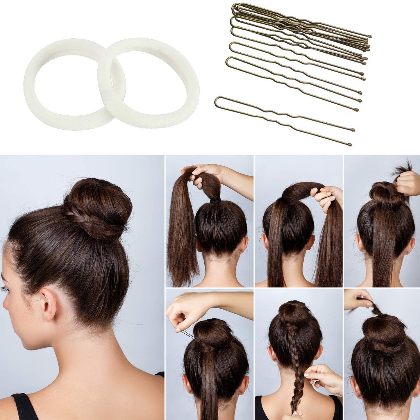 Hair Bun Maker Kit, Includes Donut Shapers, Bun Markers, Ponytail Tools, Bobby Pins, and Elastic Bands for Women and Kids (Beige)
