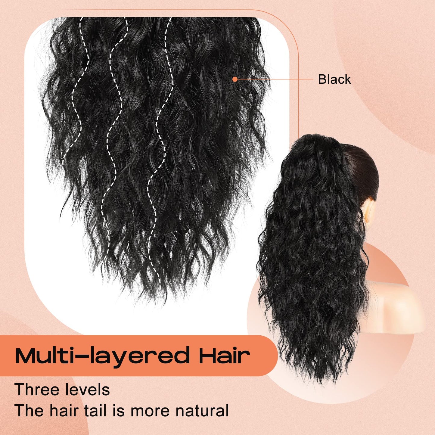 SEIKEA 18" Ponytail Extension Claw, PT002 Tia Long Multi Layered Hair FluffyThick Wavy Curly Clip in Hair Extensions Ponytail Natural Soft Synthetic Hairpiece for Women Natural Black