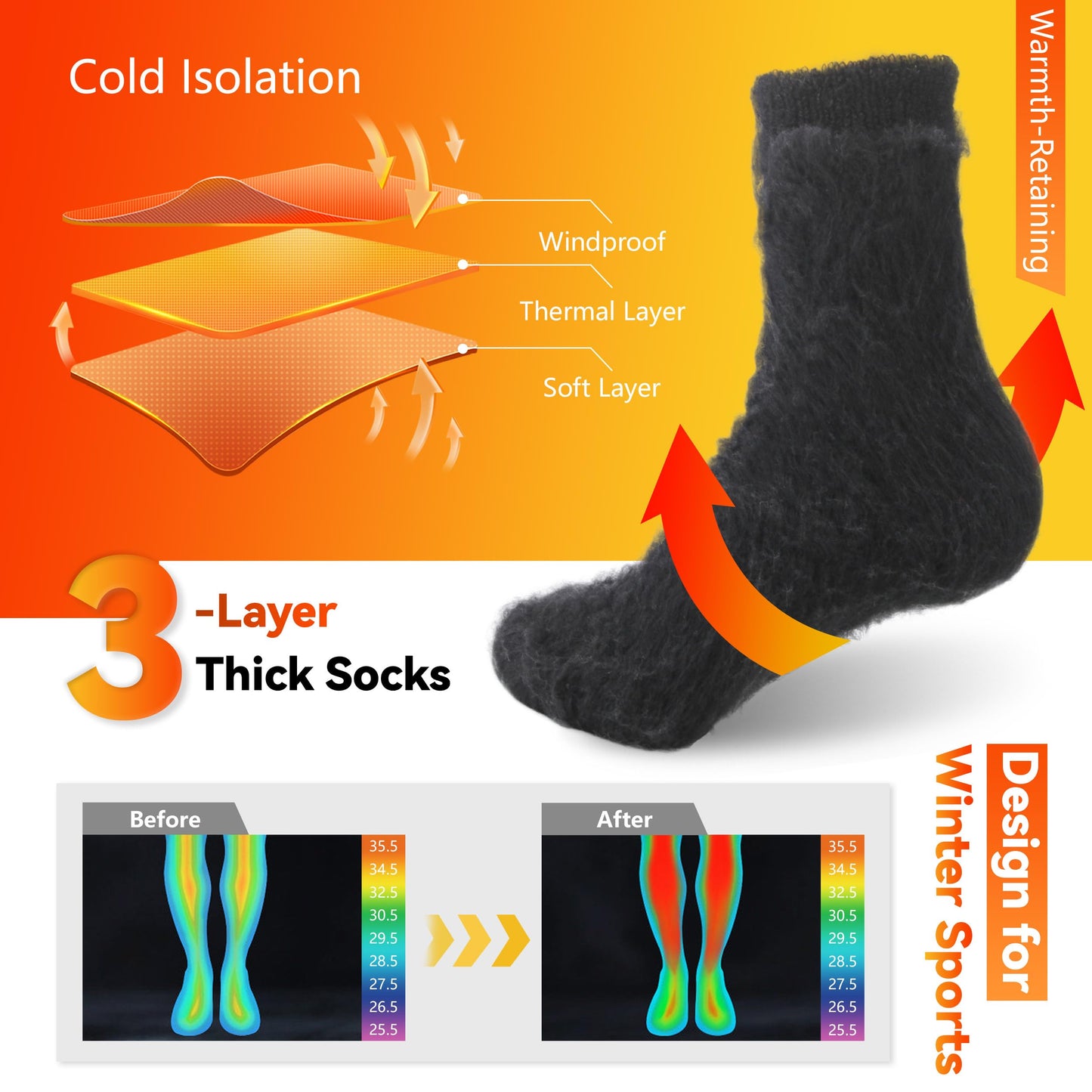Sunew Heat Warm Thermal Socks 4 Pack, Womens' Mens Heated Socks for Hunting Winter Outdoor Comfortable Skiing Snowboarding Hiking Working Thermal Snow Socks Men Socks for Cold Weather Black Large