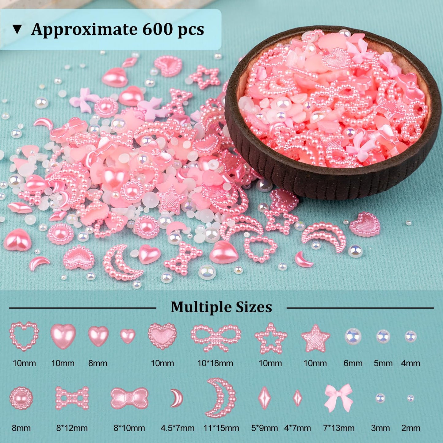 600Pcs 3D Multi Shapes Nail Charms and Flatback Pearls, Pink&White Mix Styles Heart Star Bow Sunflower Embellishments for Nail Art, Craft and Decoration with Glue Gel, Tweezer and Pickup Pencil