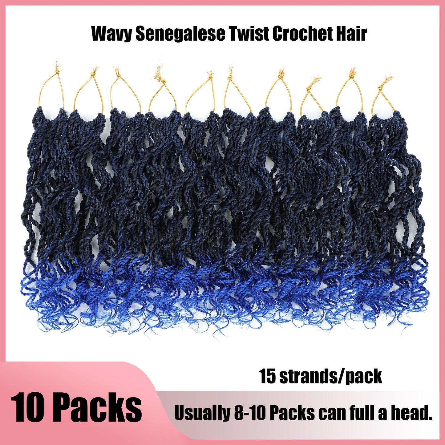 Wavy Senegalese Twist Crochet Hair For Black Women 8 Inch 10 Packs Senegalese Twist Braiding Hair Crochet Twists Pre Looped Twist Crochet Hair Curly Crochet Twist Hair With Curly Ends(1B/BLUE)