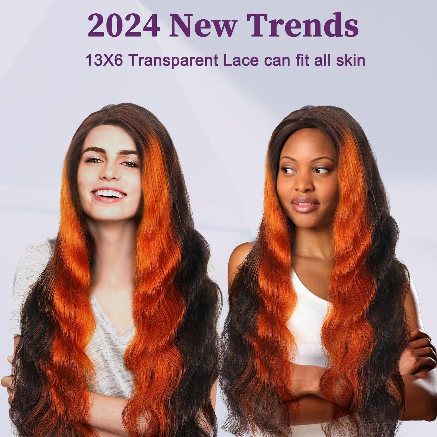 13x6 Ginger Orange Lace Frontal Wigs Body Wave Highlight Ombre Colored Human Hair 13x6 HD Transparent lace wigs Pre-plucked With Baby Hair 200% Density Glueless 100% Virgin Human Hair (26inch)