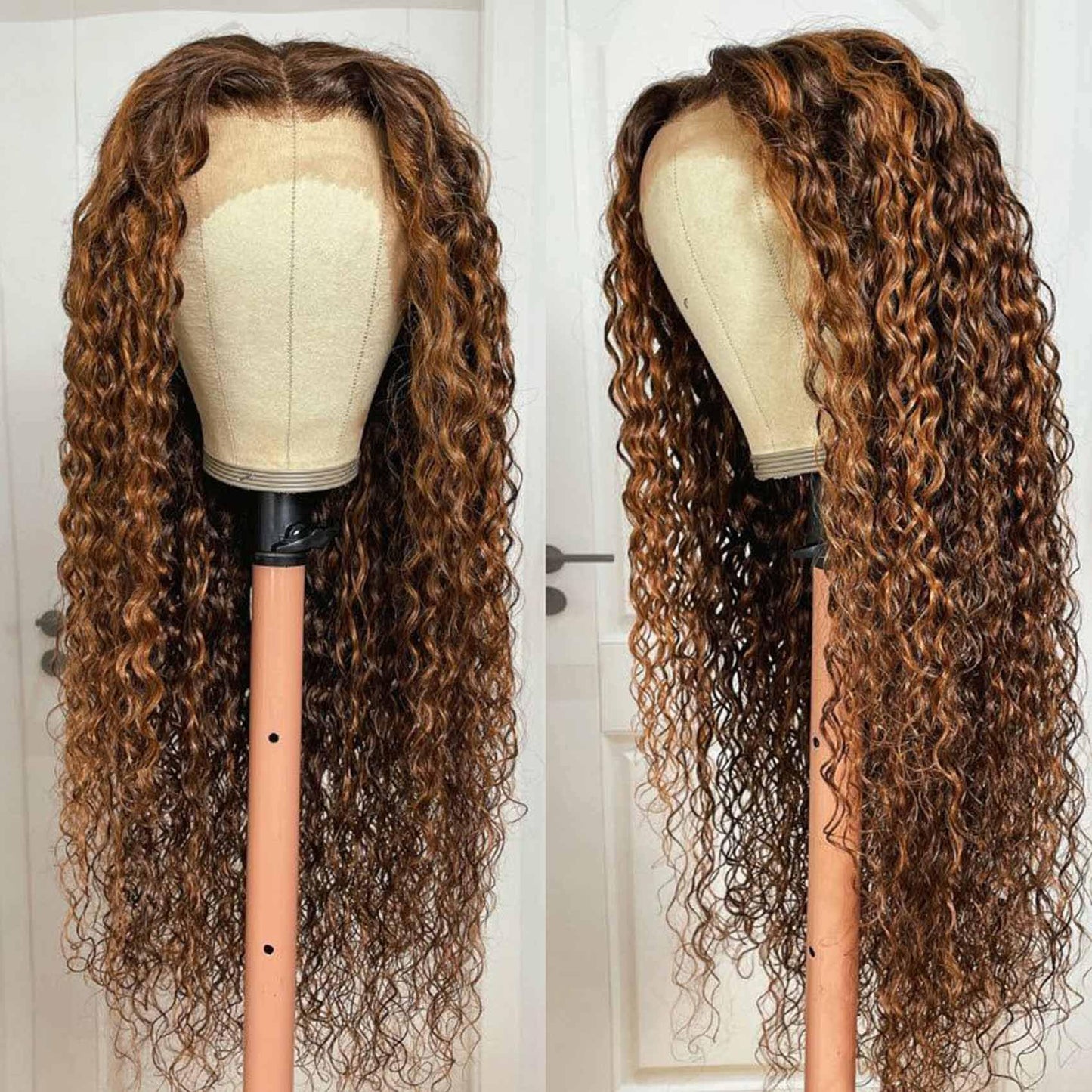 26inch Ombre Highlight Lace Front Wigs Human Hair Water Wave 13x4 Transparent Curly Lace Frontal Wigs Pre Plucked with Baby Hair Wet and Wavy Curly Wigs for Women 150% Density 4/27 Honey Blonde Color