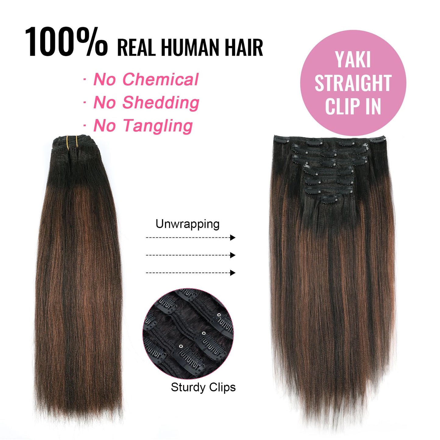 ABH AMAZINGBEAUTY HAIR Yaki Straight Clip in Hair Extensions Real Human Hair Rooted Black Piano Natural Black #1B Mixed With Chocolate Brown #4 Two Tone Light Yaki Clip ins for Black Women 18inch 120G