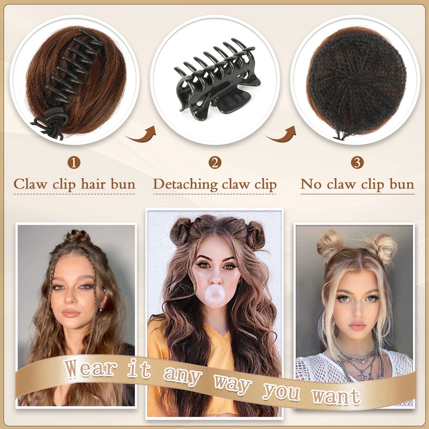 SOFEIYAN 2PCS Mini Claw Clip in Hair Bun Messy Cat Ears Hair Bun Extension Synthetic Donut Wig Accessory Updo Space Bun Hair Pieces for Women Girls, Green&Red