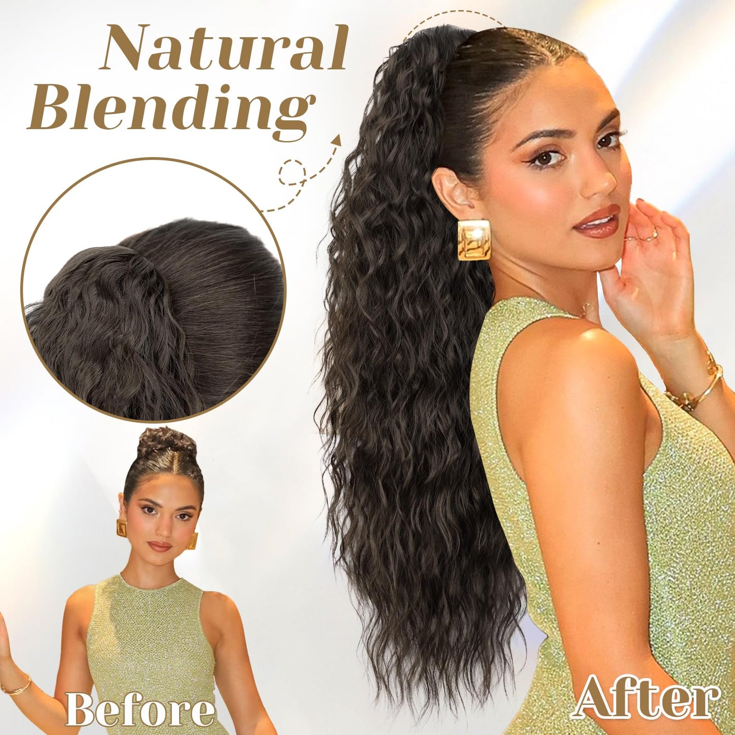 KooKaStyle Ponytail Extensions, 30 Inch Drawstring Clip-on Long Wavy Ponytail Chestnut Brown Synthetic Curly Hairpieces for Women and Girls