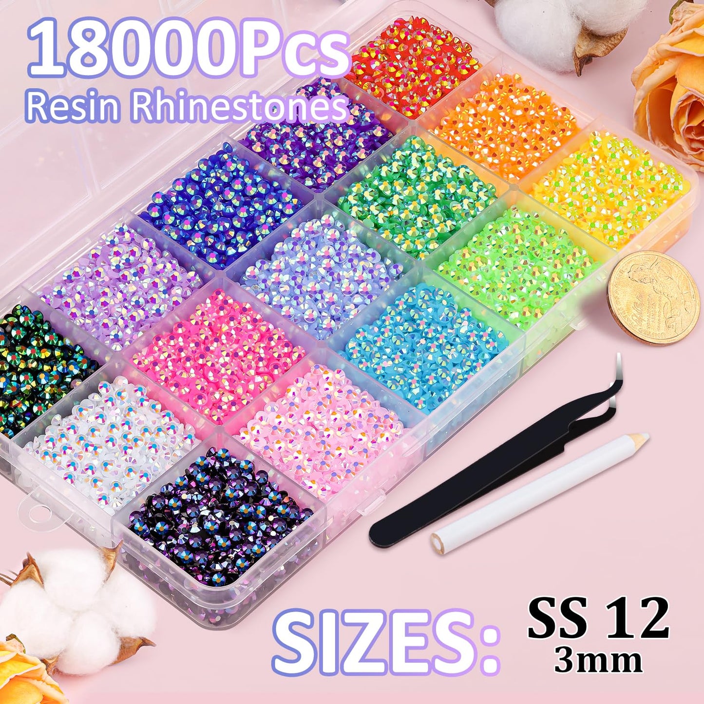18000Pcs Resin Jelly Rhinestones with Tweezers for Crafting, Mixed-Color 3mm Flatback Gems, Bedazzling Crystal for DIY Crafts Clothing Tumblers Mugs Shoes Fabric Nail Art