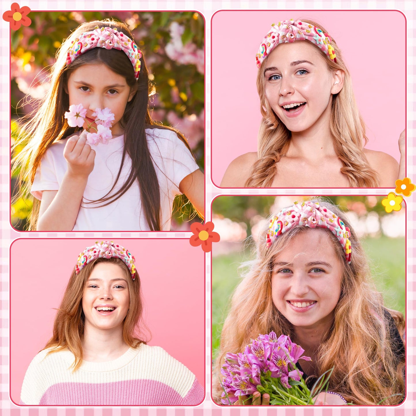 PANTIDE Floral Jeweled Knotted Headband - Rainbow Rhinestone Crystal Embellished Headband Non Slip Wide Top Knot Fashion Hairband Accessories Spring Summer Birthday Gift for Women Girls (Pink Plaid)