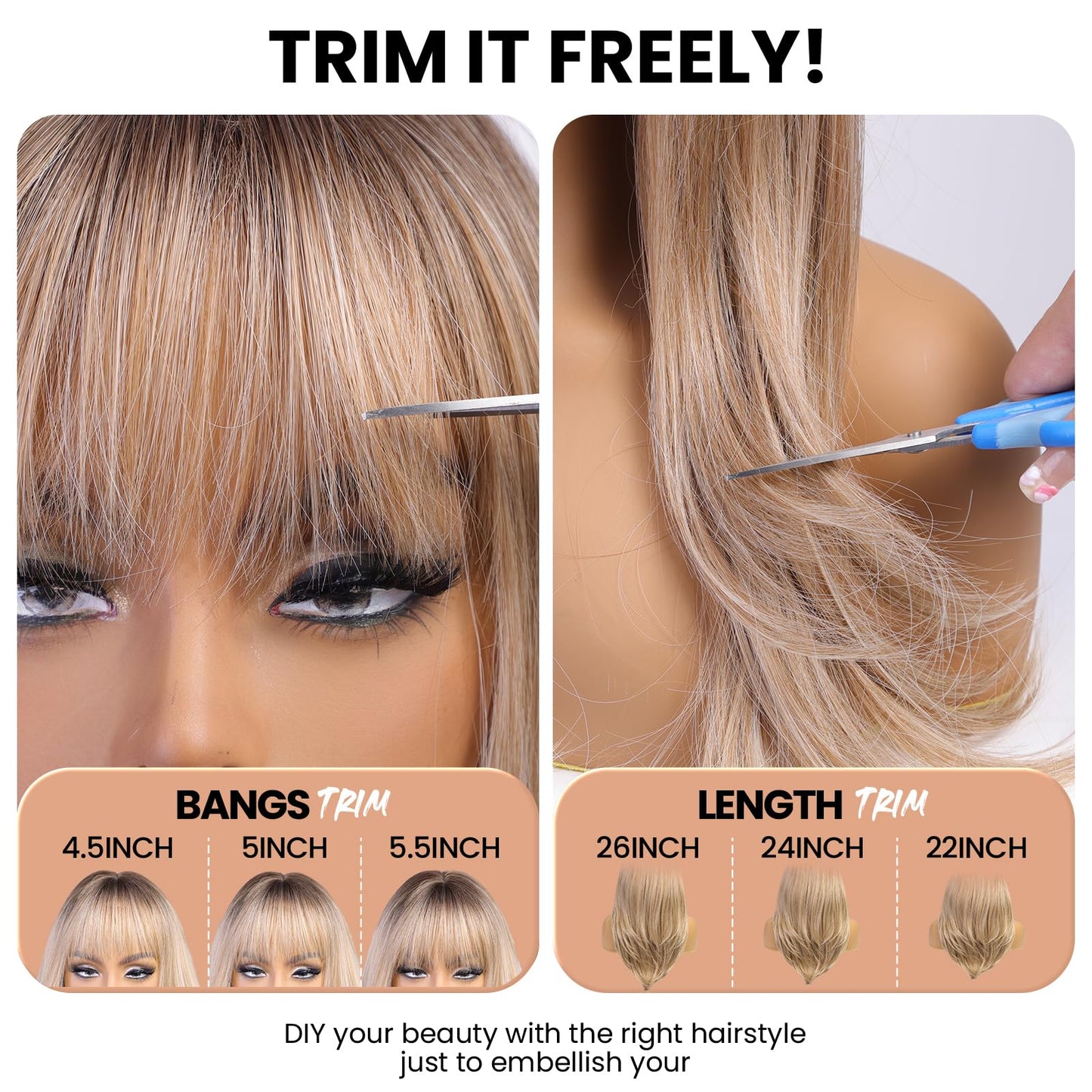 EMMOR Brown Wig With Bangs For Women Long Straight Wigs Synthetic Layered Hairstyle For Girls Party Cosplay And Daily Use(26" Ash Blonde)