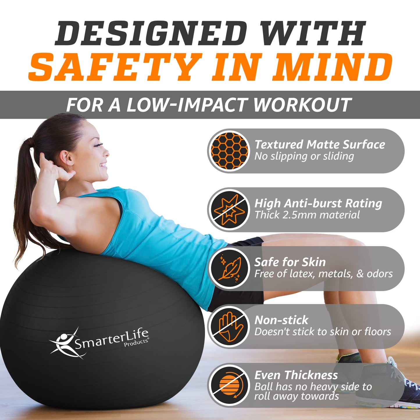 SmarterLife Workout Exercise Ball for Fitness, Yoga, Balance, Stability, or Birthing, Great as Yoga Ball Chair for Office or Exercise Gym Equipment for Home, No-Slip Design (45 cm, Black)