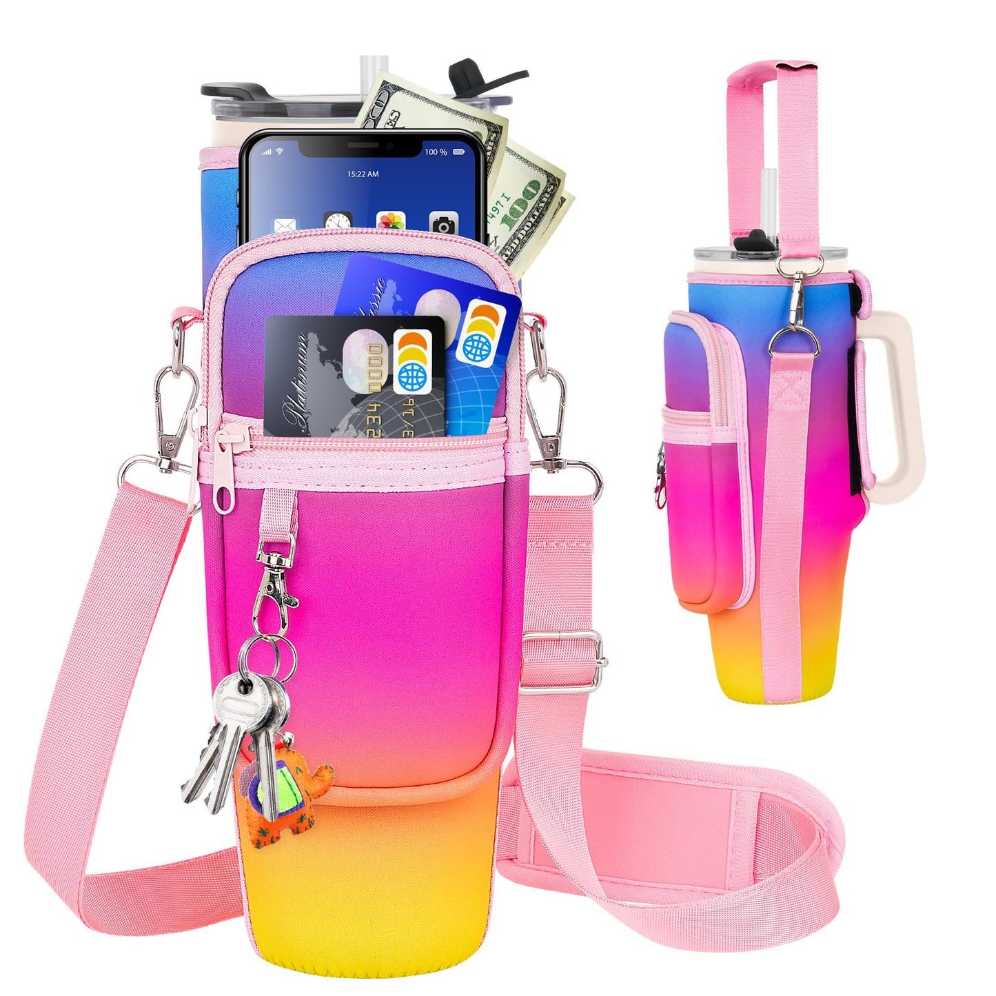 Water Bottle Carrier Bag with Phone Pocket Compatible with Stanley/Meoky 40 oz Tumbler with Handle,Neoprene Water Bottle Holder Pouch with Adjustable Strap Compatible with Stanley Cup Accessories