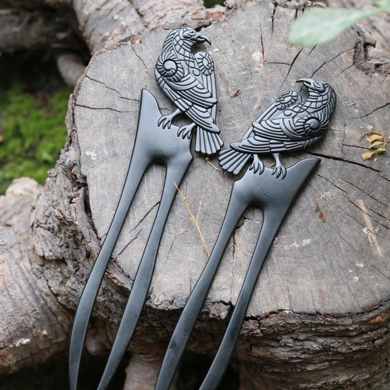 2PK U Shaped Viking Raven Metal Hair Prong Forks French Hair Styling Pins Black Wicca Witch Sticks Renaissance Festival Acceossories for Women Perfect for Thick Hair