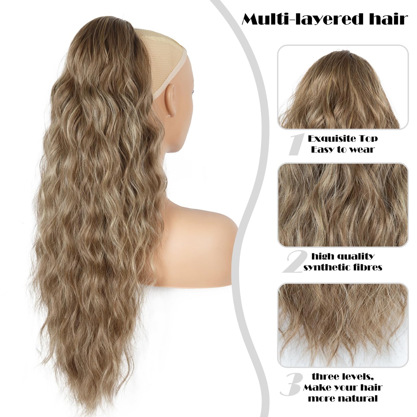 26 inch Drawstring Ponytail Extension for Women, Wavy Pony Tails Hair Extensions, Synthetic Hair Extensions Ponytail for Daily Use (Medium Brown Highlighted Blonde)