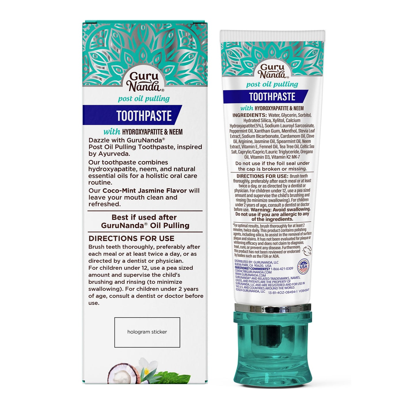 GuruNanda Hydroxyapatite Toothpaste, SLS & Fluoride Free, Whitening Toothpaste - Freshens Breath, Fights Plaque - Natural CocoMint Jasmine Neem, 4.2oz