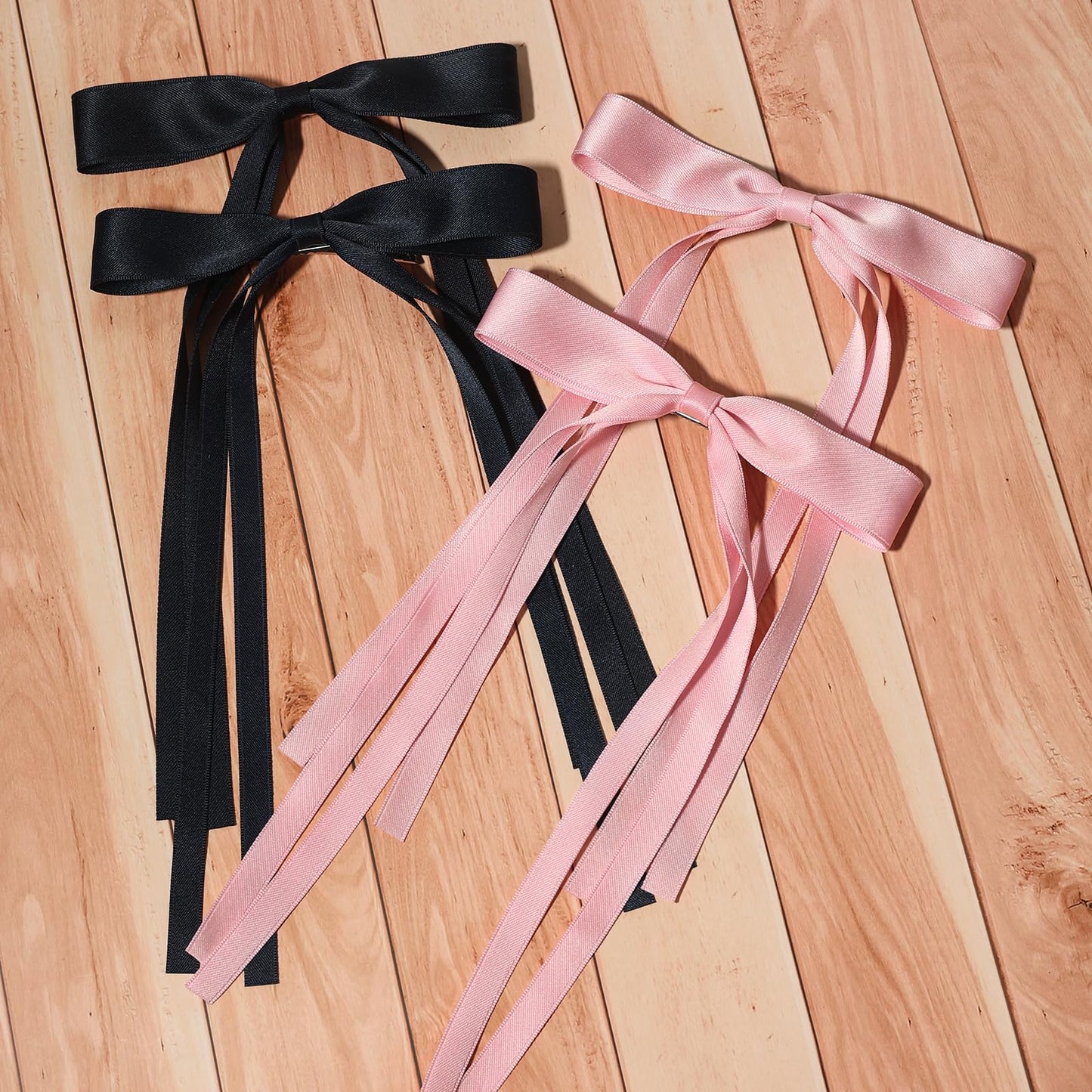 4pcs Tassel Ribbon Bowknot Hair Accessories with Long Tails, Solid Barrettes Claw Clips with Bows for Girls and Women (Navy Pink)