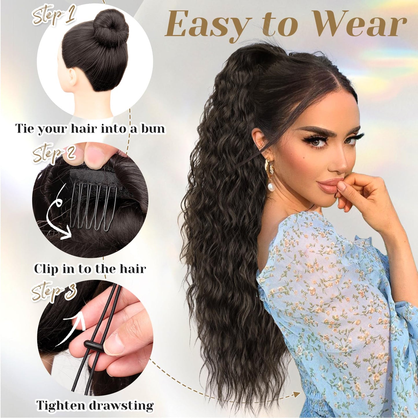 KooKaStyle Ponytail Extensions, 30 Inch Drawstring Clip-on Long Wavy Ponytail Chestnut Brown Synthetic Curly Hairpieces for Women and Girls