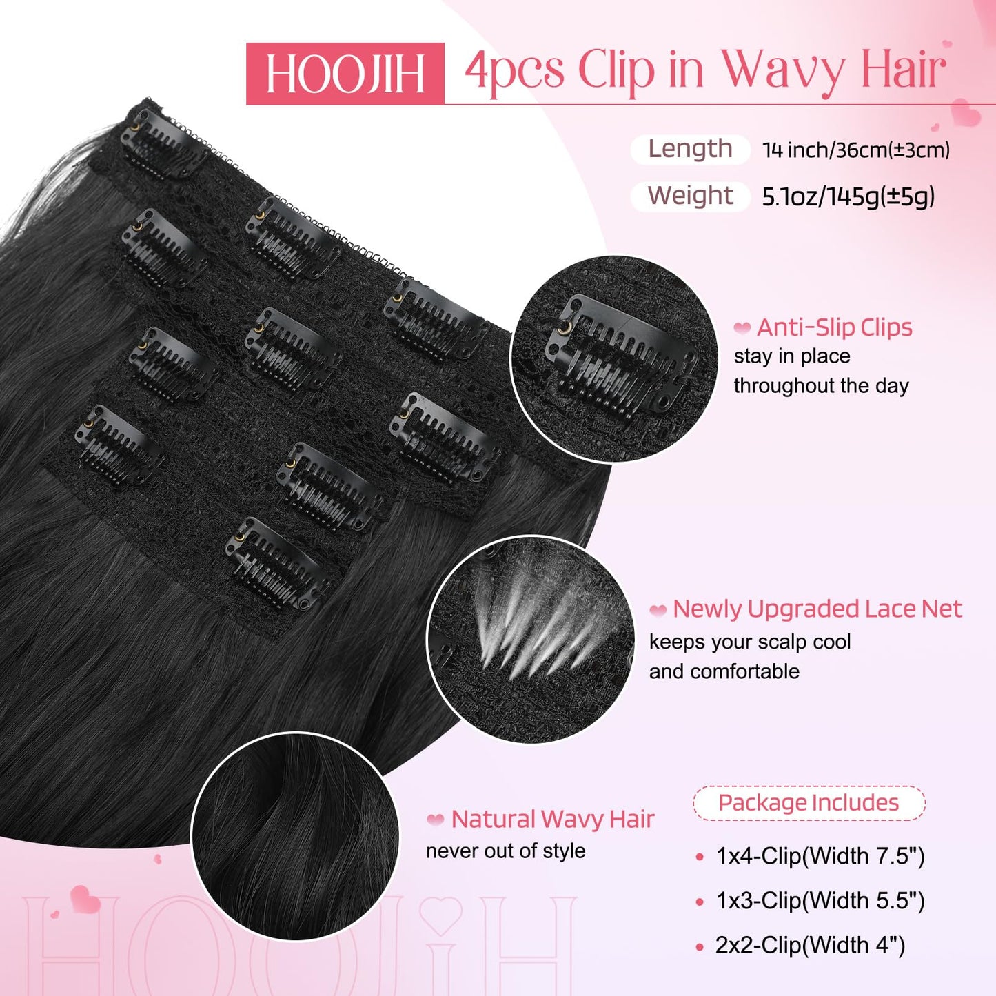 HOOJIH Hair Extensions, Clip in Hair Extensions 4PCS Black Hair Extension 14" Short Wavy Curly Clip on Hair Extensions Invisible Lace Weft Natural Soft Hairpieces for Women - Black