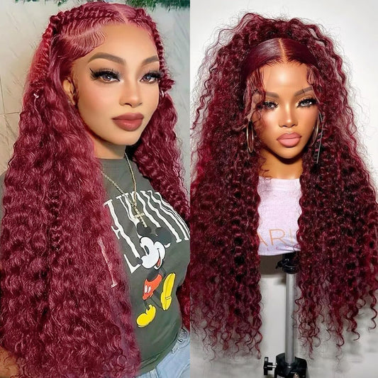 99j Burgundy 13x5 Deep Wave HD Lace Front Wigs Human Hair Pre Plucked Colored Curly Human Hair Wig Glueless Deep Curly Lace Frontal Wigs Red Human Hair Wigs for Women 180% Density (22 Inch)