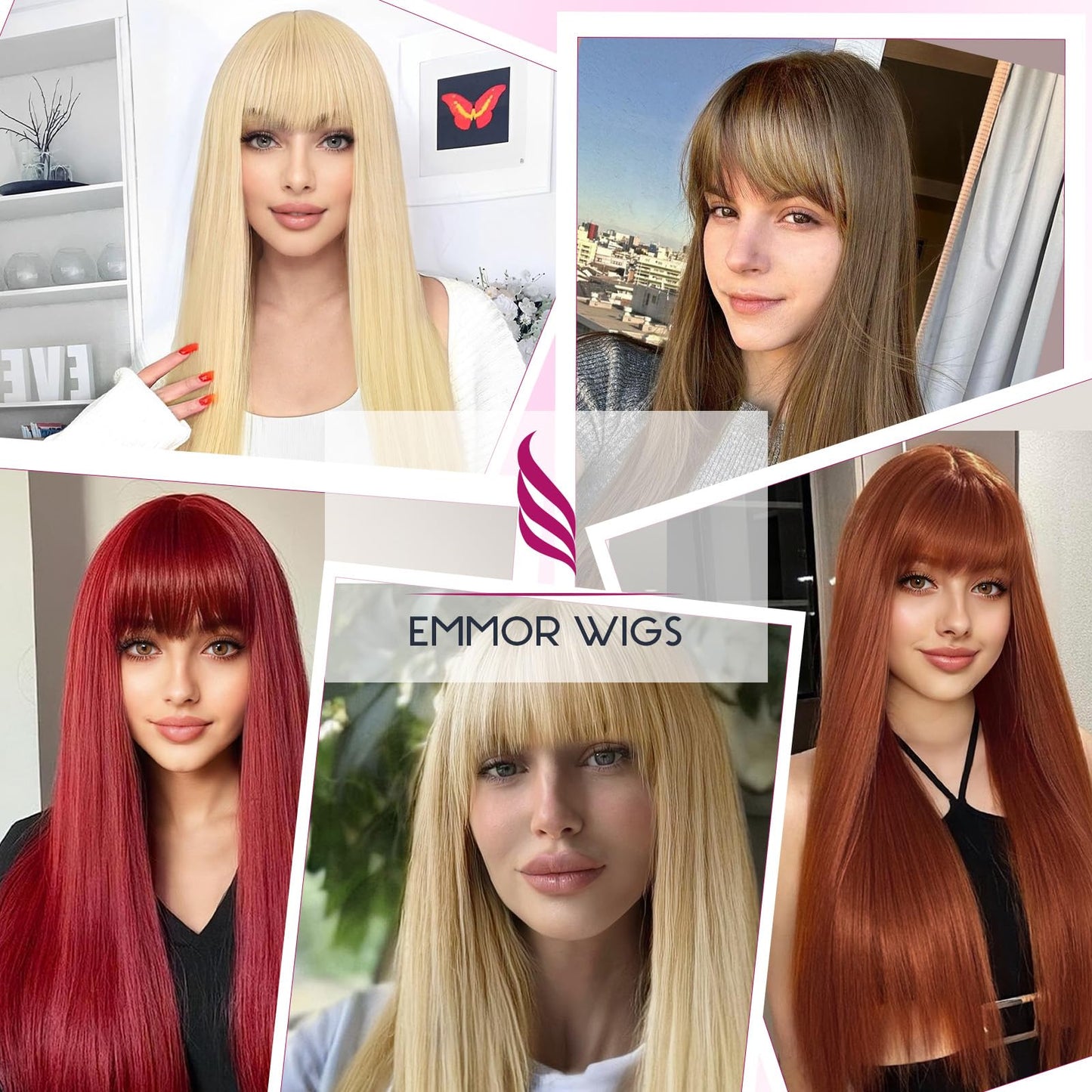 EMMOR Long Straight Yaki Wigs for Women with Bangs Comfortable Elastic Band 26 Inch Heat-resistant Synthetic Fibers(Blonde)