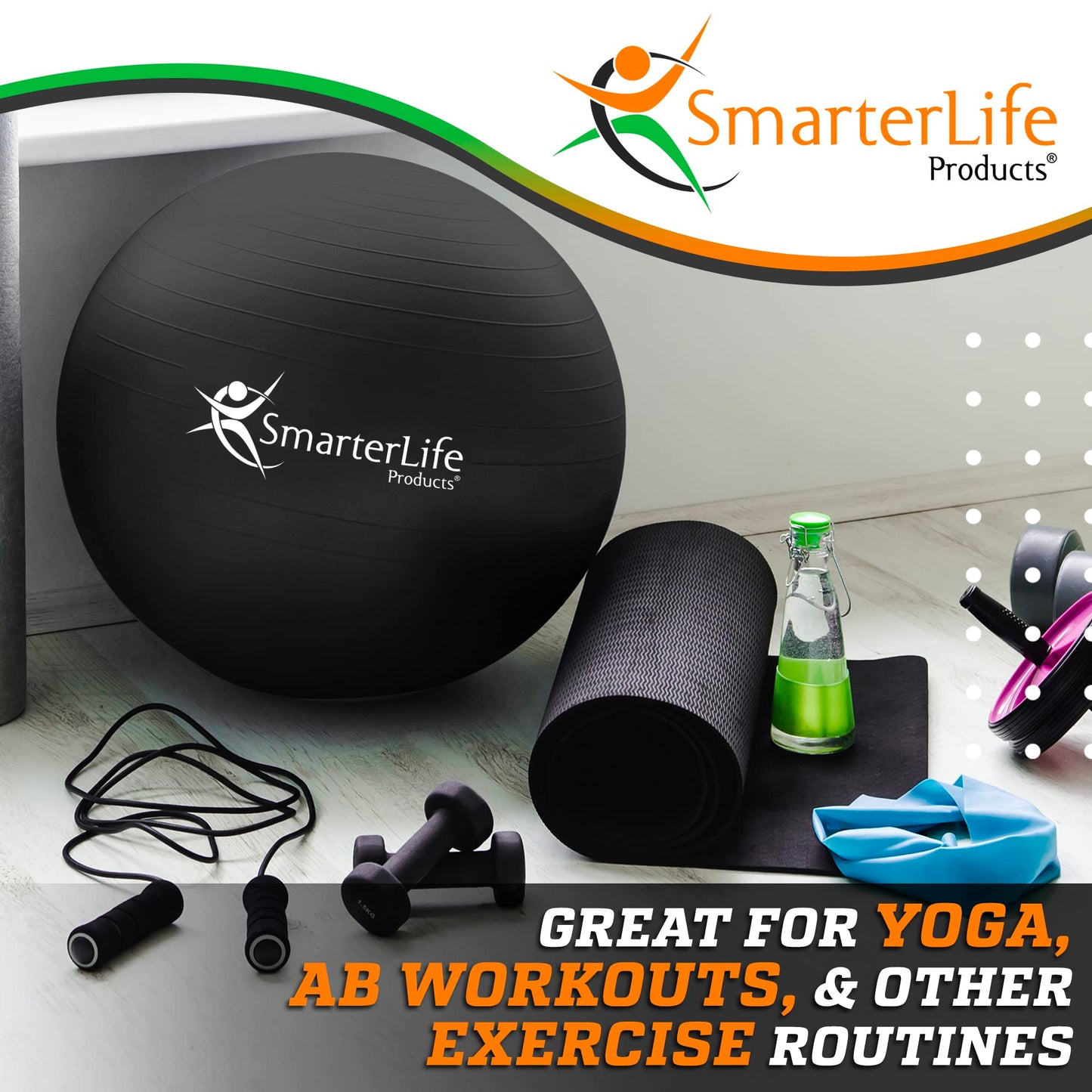 SmarterLife Workout Exercise Ball for Fitness, Yoga, Balance, Stability, or Birthing, Great as Yoga Ball Chair for Office or Exercise Gym Equipment for Home, No-Slip Design (45 cm, Black)