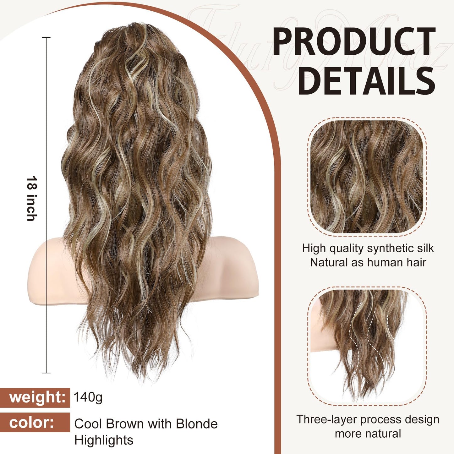 FLUFYMOOZ Ponytail Extension, 18 Inch Claw Clip Ponytail Extension, Wavy Curly Claw Clip in Ponytail Hair Extensions, Natural Fake Ponytail Synthetic Hairpiece for Women (Cool Brown with Blonde Highlights)