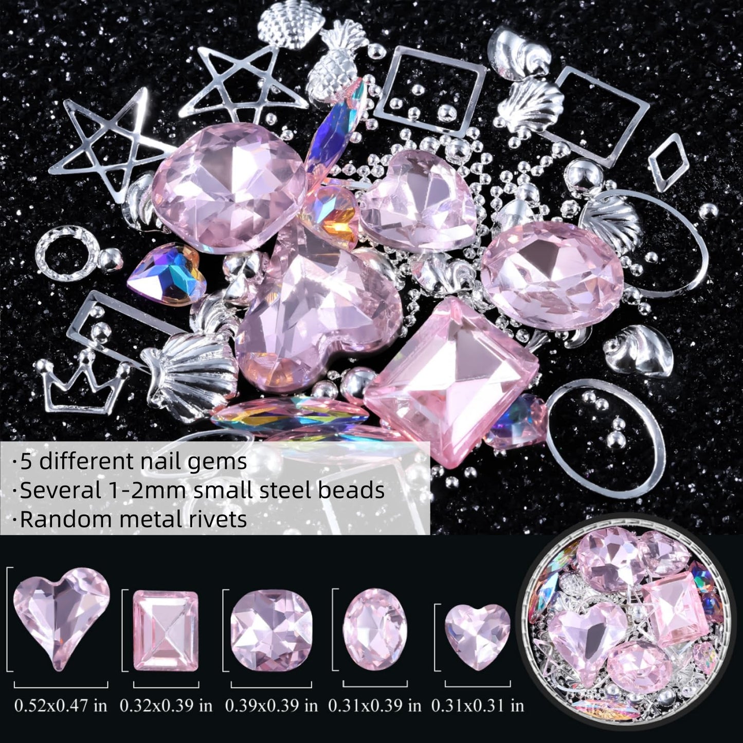 6 Wheels Mixed Sparkle Nail Art Rhinestones Diamonds Crystals Butterfly Beads Artificial Pearls Gold Silver Nail Studs Gems Metal Hollow Rivets Charms (Kit-5)
