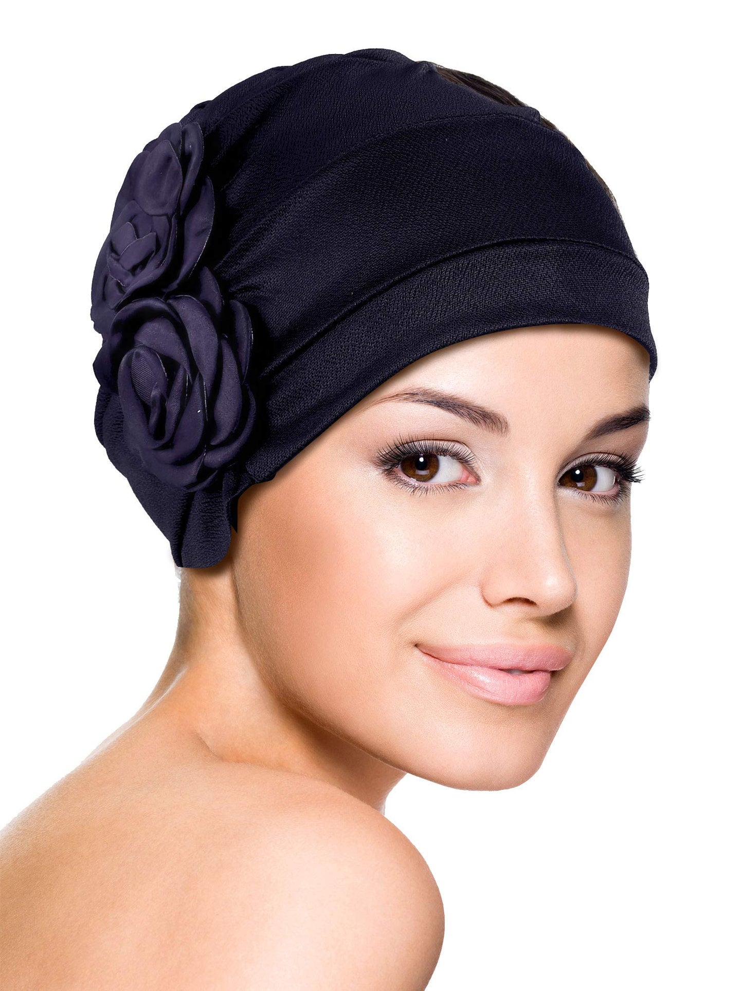 4 Pieces African Head Wrap Flower Turban Hats for Women (Khaki, Black, Wine Red, Navy Blue)