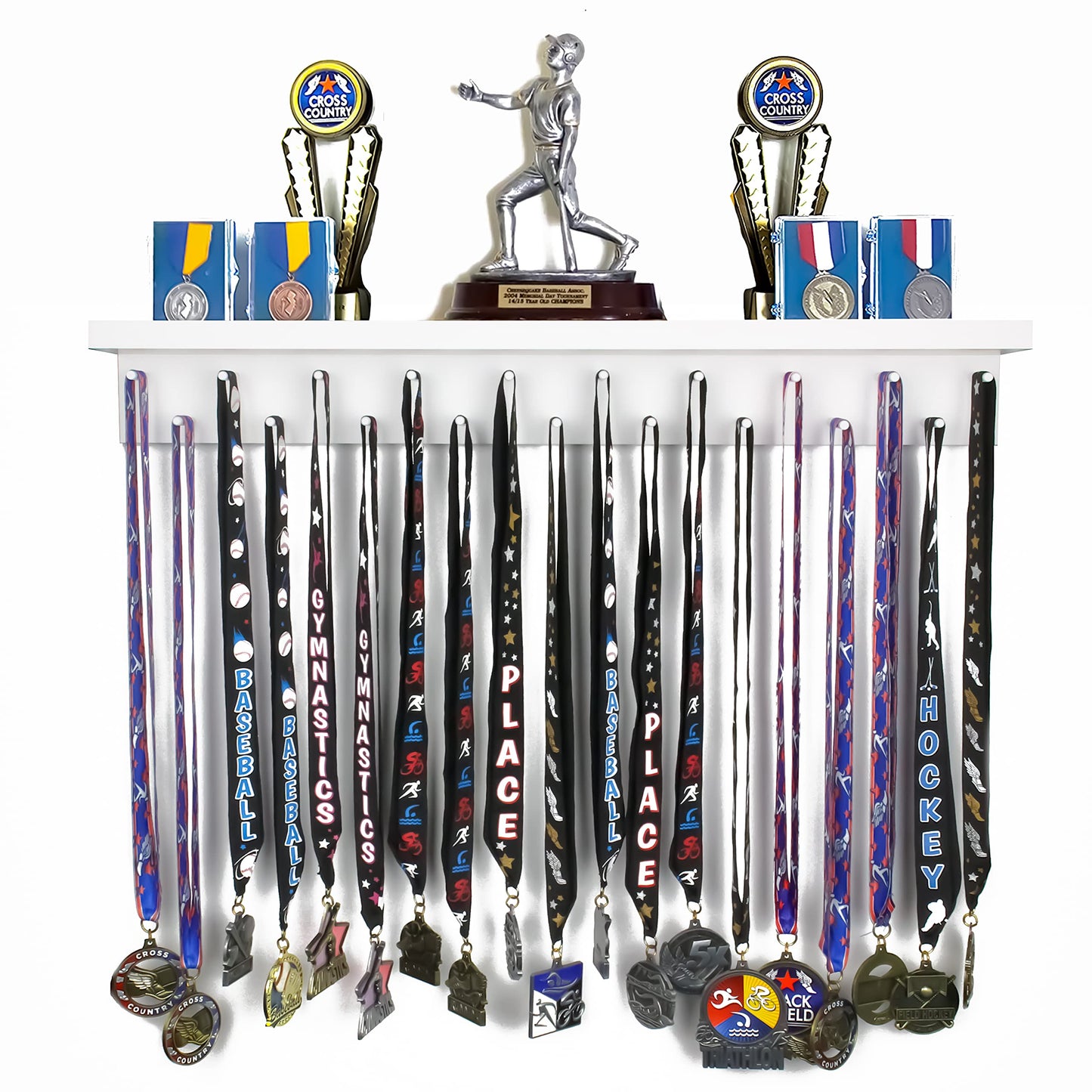 2ft- Medal Awards Rack- Premier Medal Hanger Display and Trophy Shelf - Multi-Purpose Trophy and Medal Holder for Medal Display, Plaques, Pictures, Trophies and More Solid Wood