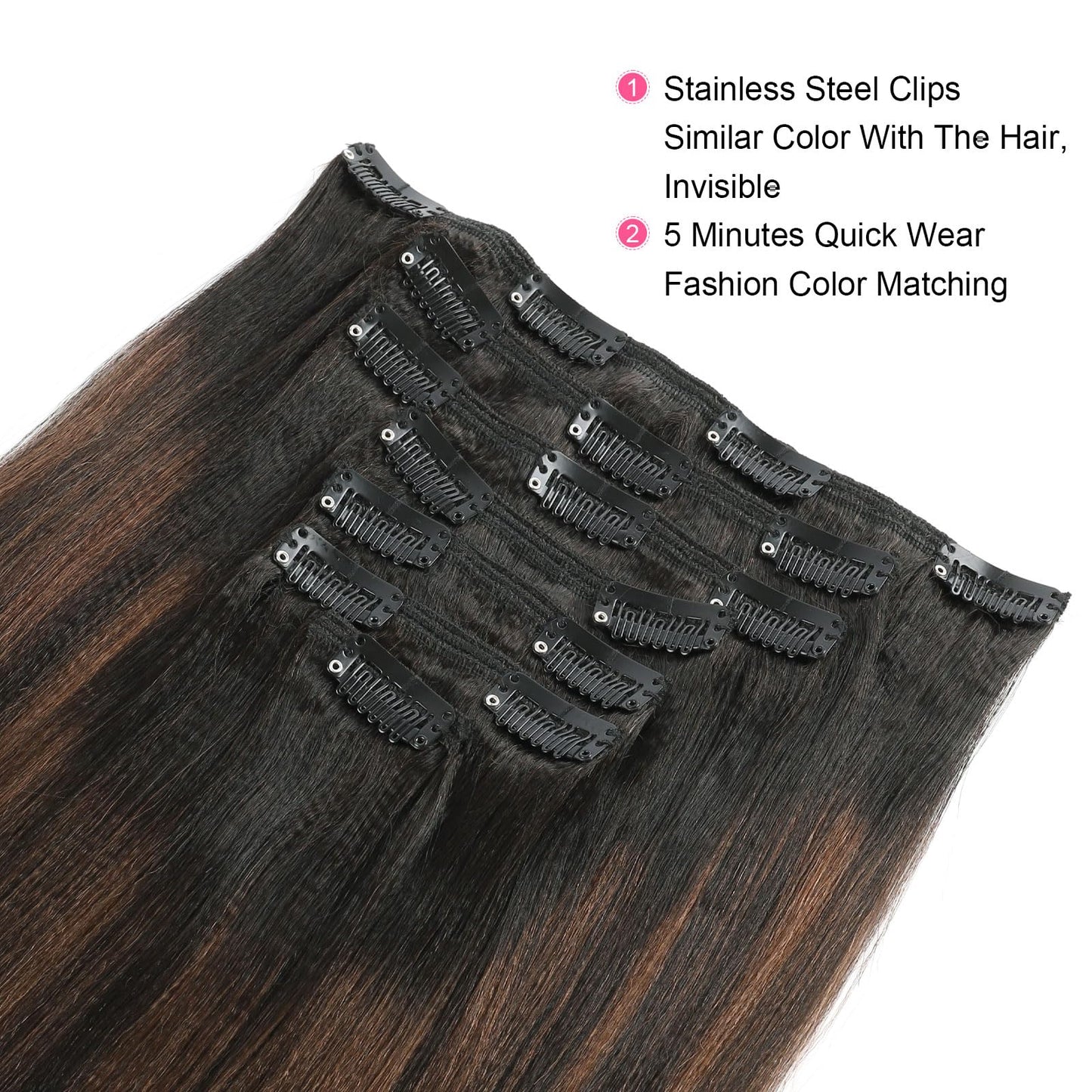 ABH AMAZINGBEAUTY HAIR Yaki Straight Clip in Hair Extensions Real Human Hair Rooted Black Piano Natural Black #1B Mixed With Chocolate Brown #4 Two Tone Light Yaki Clip ins for Black Women 18inch 120G